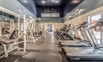 A gym with treadmills and exercise equipment.